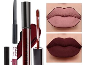 AMY'S DIARY 2PCS Matte Dark Red Lip Liner and Lipstick Makeup Set، Liquid Lipstick 24H and Lip Liner Set Matt Liquid Lips Make Up Waterproof Long الأمد Lipstick Matte Kit (# 17)