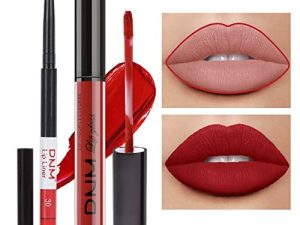 مجموعة أدوات تحديد الشفاه وأحمر الشفاه من AMY'S DIARY 2pcs Matte Ruby Red Lip Liner ومجموعة مكياج أحمر الشفاه ، مجموعة أحمر شفاه سائل Ink 24H ومجموعة قلم تحديد الشفاه Matt Ink Liquid Lips مكياج مقاوم للماء طويل الأمد عالي التأثير مجموعة ملمع شفاه (# 30)