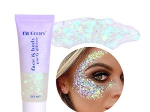 جل لامعة للوجه على شكل حورية البحر ، جل Holographic Chunky Glitter للجسم والشعر والوجه والأظافر وظلال العيون وكريم سائل لامع يدوم طويلاً ومكياج أزياء الجنية للنساء والرجال (06 أبيض)