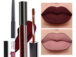 HAOYA 2PCS Matte Dark Red Lip Liner and Lipstick Makeup Set، Matte Liquid Lipstick 24H and with Lip Liner Set Kit Waterproof Long Lasting labiales mate 24 horas originales matte larga duracion 24 # 17