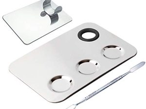 لوحة مستحضرات التجميل مع لوحة حلقية صغيرة ومجموعة ملعقة أداة 3-Wells Stainless Steel Mixing Makeup Palette Women Cosmetic Palette for Makeup Nail Art Accessories Pack of 3