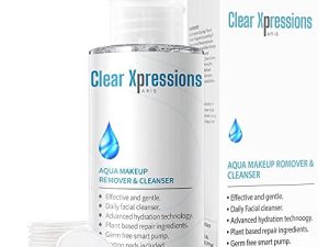 كلير XPRESSIONS Paris Aqua مزيل مكياج ومنظف لجميع أنواع البشرة ، مزيل مكياج بماء ميسيلار مع مضخة ذكية ، منظف مرطب للوجه للعناية بالبشرة مع 20 ضمادة قطنية - 300 مل