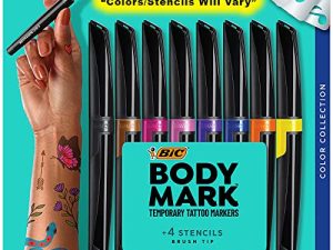أقلام الوشم المؤقتة من BIC BodyMark للبشرة ، مجموعة الألوان ، رأس فرشاة مرن ، عبوة مكونة من 8 قطع من الألوان المتنوعة ، آمنة على الجلد * ، جودة مستحضرات التجميل (MTBP81-AST)