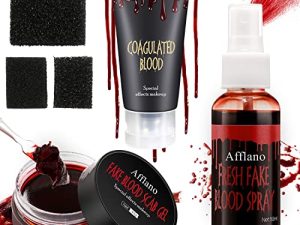 مجموعة مكياج أفلانو Fake Blood Halloween 6 قطع ، جل دم متخثر + إسفنجة تنقيط + رذاذ دم / رذاذ للملابس ، مؤثرات خاصة ، زومبي ، مكياج فامباير مونستر SFX ، مسرح ، مسرح ، فيلم ، أزياء ، تأثيري
