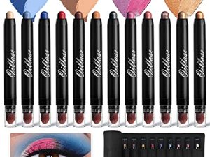 مجموعة Oillase 12 PCS Eyeshadow Stick مع قاعدة برايمر لظلال العيون مقاومة للتلطخ ، قلم ظلال عيون لامع مقاوم للماء مع فرشاة ناعمة ، مكياج ظلال العيون الكريمي ، قلم تلوين ظلال عيون لامع وغير لامع