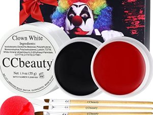 مجموعة مكياج CCbeauty Clown احترافية لطلاء الوجه باللون الأبيض والأسود والأحمر ، كريم أساس ، 6 فراشي ، أنف أحمر لتأثيرات خاصة للهالوين SFX Joker Skeleton Vampire Zombie Cosplay Dress Up Makeup