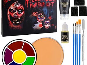 مجموعة مكياج DE'LANCI SFX ، مجموعة مكياج احترافية للهالوين بمؤثرات خاصة الكل في 1 ، طلاء للوجه والجسم ، فرشاة ، شمع ندوب مزيف ، دم مزيف ، إسفنجة ، ملعقة ، مكياج زومبي لمرحلة تشكيل الجرح التنكري للأطفال البالغين
