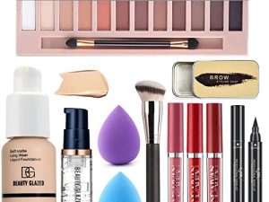 مجموعة مكياج الكل في واحد للبنات 12 لونًا Nude Matte Eyeshadow Palette ، Nude Foundation Face Primer ، فرشاة مكياج ، إسفنجة مكياج ، مجموعة صابون الحواجب ، مجموعة أحمر الشفاه ، مجموعة مكياج Winged Eyeliner Stamp (SetA)