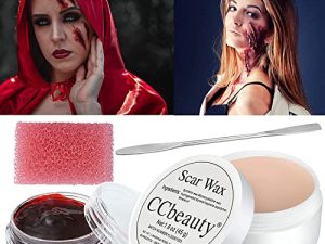 مجموعة مكياج CCbeauty SFX ذات المؤثرات الخاصة ، شمع تشكيل الجروح للندوب (1.6 أونصة) مع أداة ملعقة ، دم جرب (0.63 أونصة) ، إسفنجة وردية لمكياج الهالوين للتخفيضات المزيفة