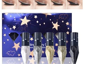 مجموعة السائل Erinde [5 قطع] Glitter Eyeliner Liquid ، ظلال عيون ميتاليك لامع ، قلم تحديد عيون فضي ذهبي ماسي ، ظلال عيون متوهجة تدوم طويلاً ، هدية مثالية لمكياج الكريسماس (السماء المرصعة بالنجوم)