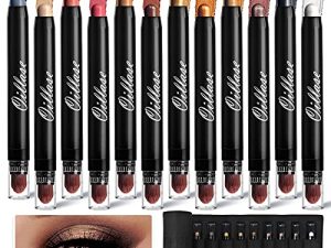 مجموعة Oillase 12 PCS Eyeshadow Stick مع قاعدة برايمر لظلال العيون مقاومة للتلطخ ، قلم ظلال عيون لامع مقاوم للماء مع فرشاة ناعمة ، مكياج ظلال العيون الكريمي ، قلم تلوين ظلال عيون لامع وغير لامع