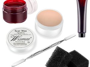 Wismee Sfx Makelup Kit Halloween Makeup مرحلة الحفلات المؤثرات الخاصة مجموعة شمع ندوب المكياج ، معجون الجروح المزيفة للندبات بلون عاري (1.6 أونصة) ، جل الدم المزيف (1.06 أونصة) ، إسفنجة التنقيط ، أداة ملعقة المكياج