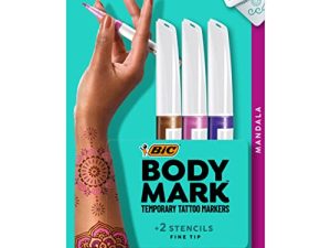قلم الوشم المؤقت BIC BodyMark برأس رفيع ، ماندالا ، ألوان متنوعة ، عبوة من 3 أقلام + 3 استنسل