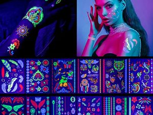 12 ورقة كبيرة توهج في الظلام وشم نيون مؤقت للمكياج ، إكسسوار Rave Festival ، وشم على شكل فراشة مزيف UV ضوء أسود لمستلزمات الحفلات النسائية (نمط Harajuku)