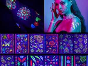 12 ورقة كبيرة توهج في الظلام من وشم نيون المؤقت ، إكسسوار Rave Festival ، وشم على شكل فراشة مزيف بالأشعة فوق البنفسجية ، ضوء أسود لمستلزمات الحفلات النسائية (نمط قبلي)